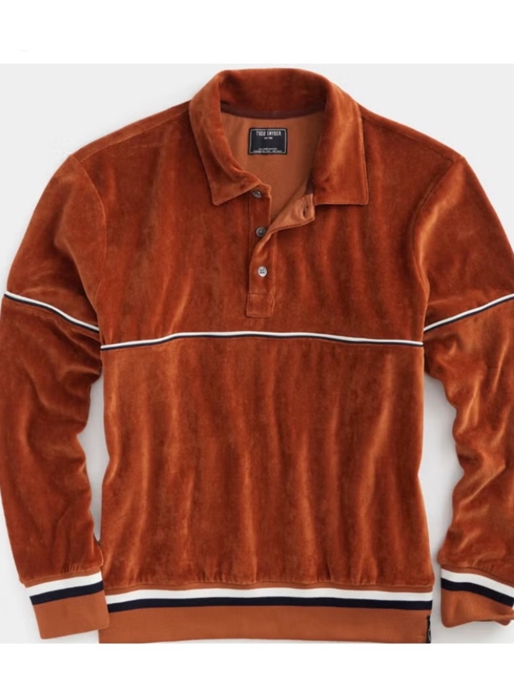 TODD SNYDER Men's Velour Polo With Piping Rust Orange Long Sleeve Size M